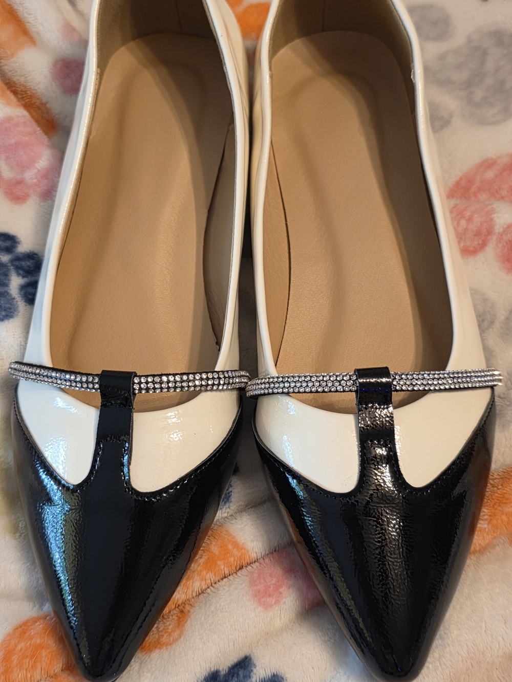 Women's Two-Tone Pointed Toe Flats with Crystal Trim